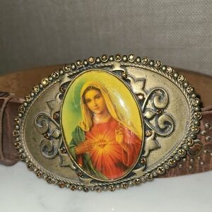 Vintage Leather Studded Belt & Ornate Rhinestone~Immaculate Heart Buckle~Lg/Xl.